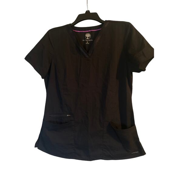VGUC Helping Hands Black Scrub Top Pockets 3% Spandex Size Medium - Picture 1 of 8